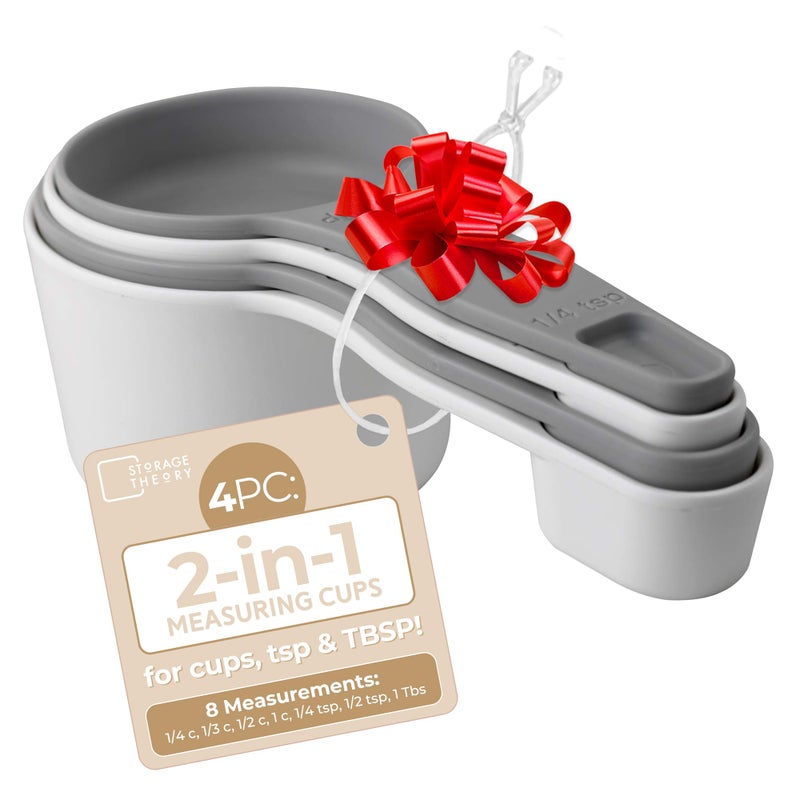 Storage Theory 2-in-1 Measuring Cups & Spoons Set (4-Piece) - Nesting Space-Saving Kitchen Gadget - BPA-Free Food Grade Plastic - Dishwasher Safe for Baking, Cooking, Coffee - White/Gray - Image 1